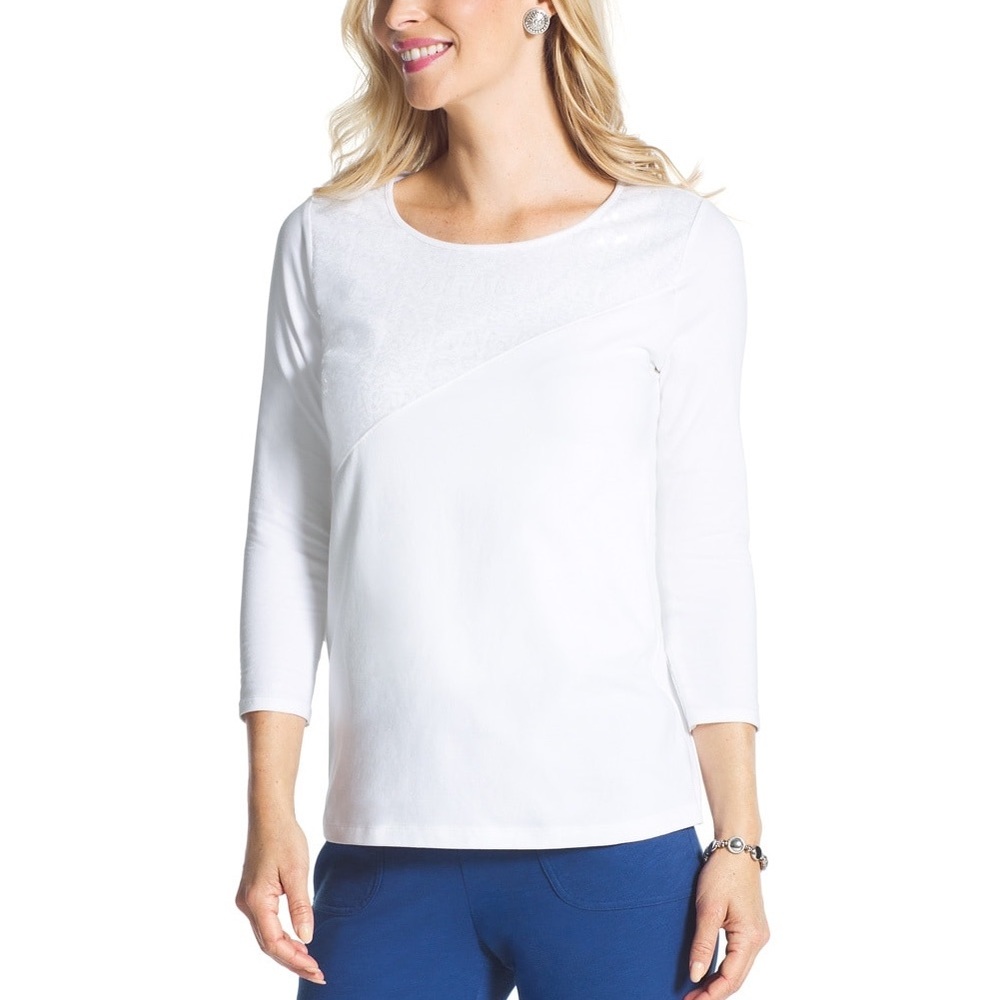 Chico’s Zenergy Gabrielle Placed Sequin Tee White 3/4 Sleeves 3